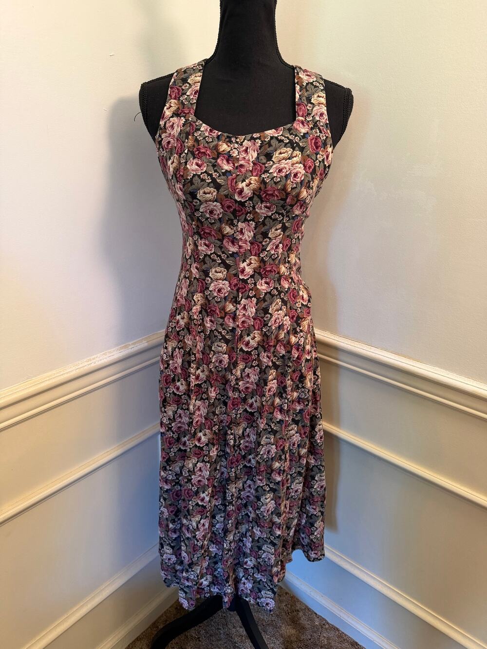 Vintage 90s All That Jazz Floral Rayon Midi Dress Cross Back Strap Grunge Retro